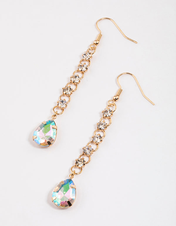 Gold Diamante Link Pear Drop Earrings