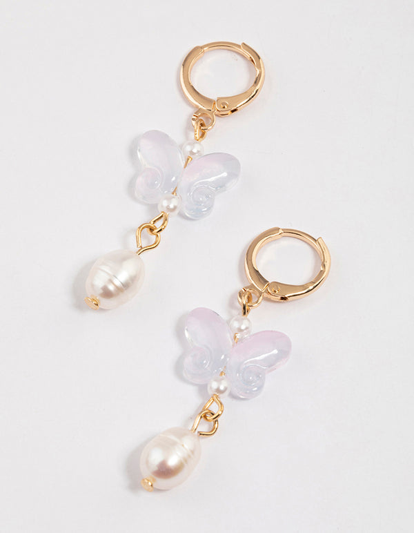 Purple Butterfly Pearl Huggie Drop Earrings