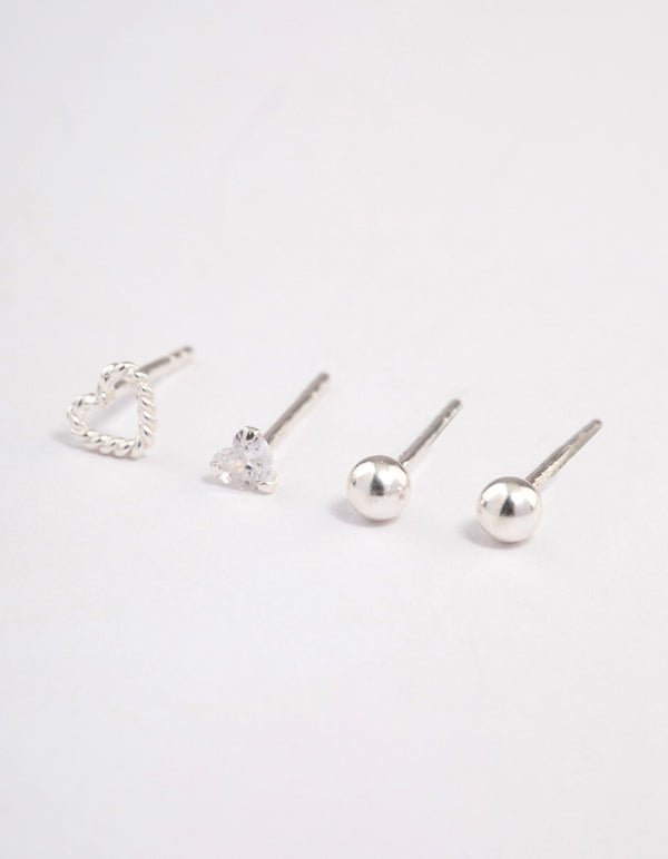 Sterling Silver Rope & Diamante Heart Stud Earring Pack