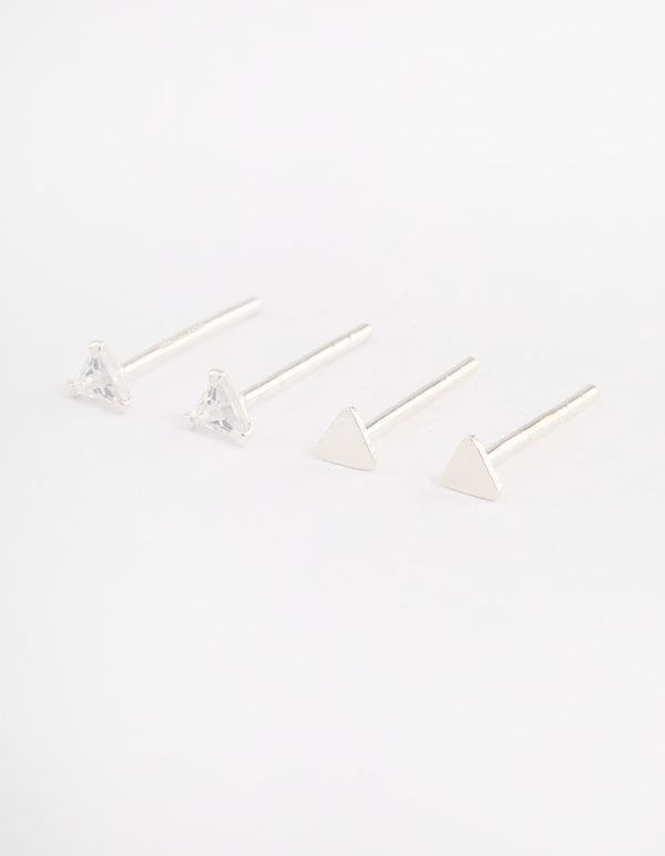 Sterling Silver Plain & Diamante Triangle Stud Earring Pack