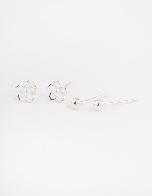 Sterling Silver Pearl Flower Stud Earring Pack