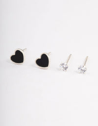 Sterling Silver Diamante & Black Heart Stud Earring Pack - link has visual effect only