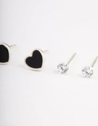 Sterling Silver Diamante & Black Heart Stud Earring Pack - link has visual effect only