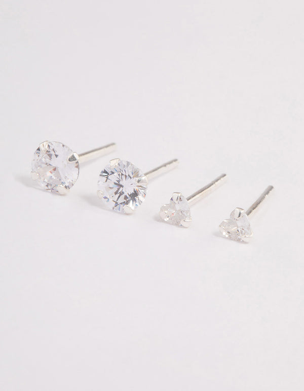 Sterling Silver Diamante Heart Stud Earring Pack