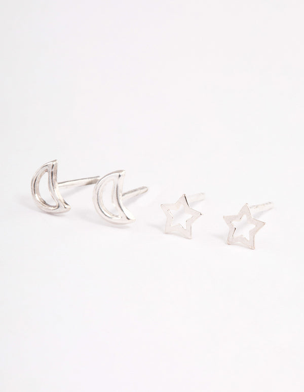 Sterling Silver Cut Out Moon & Star Earring Pack