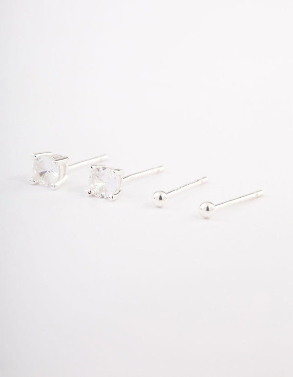 Sterling Silver Plain & Diamante Stud Earring Pack