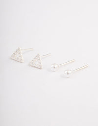 Sterling Silver Diamante Triangle & Pearl Stud Earring Pack - link has visual effect only