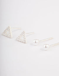 Sterling Silver Diamante Triangle & Pearl Stud Earring Pack - link has visual effect only