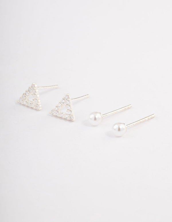 Sterling Silver Diamante Triangle & Pearl Stud Earring Pack