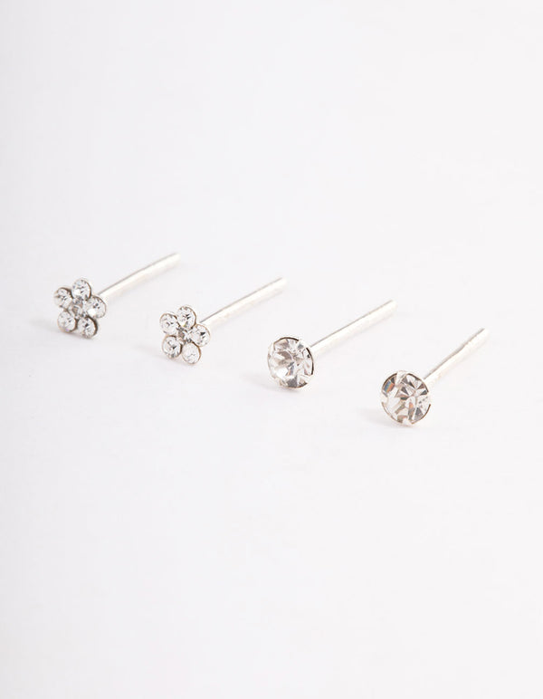 Sterling Silver Diamante Flower Stud Earring Pack