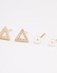 Gold Plated Sterling Silver Diamante Triangle & Pearl Stud Earring Pack - link has visual effect only