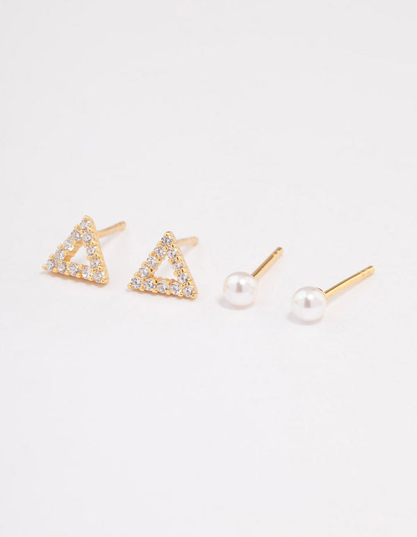 Gold Plated Sterling Silver Diamante Triangle & Pearl Stud Earring Pack