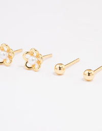 Gold Plated Sterling Silver Pearl & Flower Stud Earring Pack - link has visual effect only