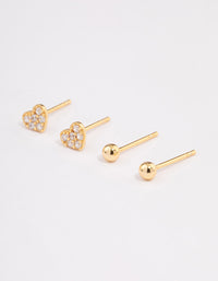 Gold Plated Sterling Silver Diamante & Heart Stud Earring Pack - link has visual effect only