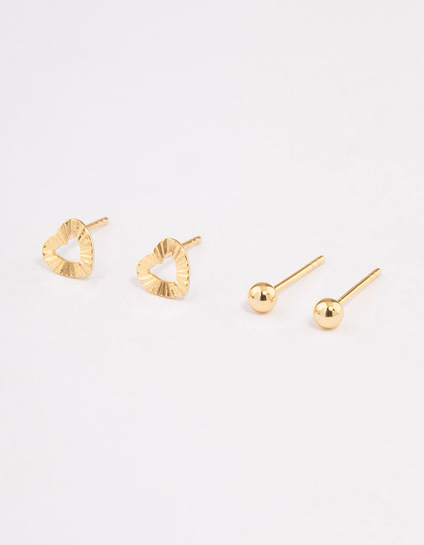 Gold Plated Sterling Silver Textured Heart Stud Earring Pack