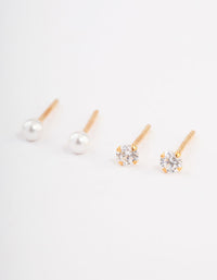 Gold Plated Sterling Silver Pearl & Diamante Stud Earring Pack - link has visual effect only