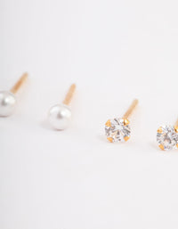 Gold Plated Sterling Silver Pearl & Diamante Stud Earring Pack - link has visual effect only