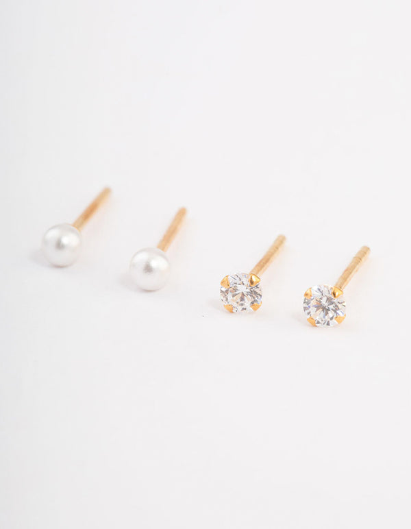 Gold Plated Sterling Silver Pearl & Diamante Stud Earring Pack