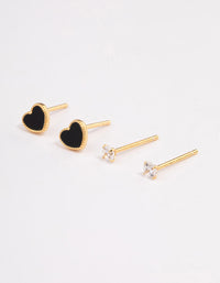 Gold Plated Sterling Silver Diamante & Black Heart Stud Earring Pack - link has visual effect only