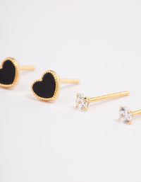 Gold Plated Sterling Silver Diamante & Black Heart Stud Earring Pack - link has visual effect only