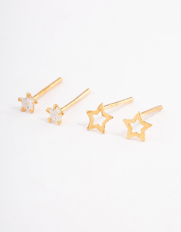 Gold Plated Sterling Silver Diamante Cut Out Star Stud Earring Pack