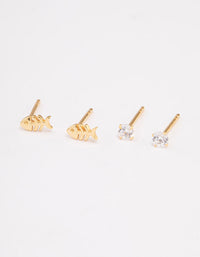 Gold Plated Sterling Silver Diamante & Fish Stud Earring Pack - link has visual effect only