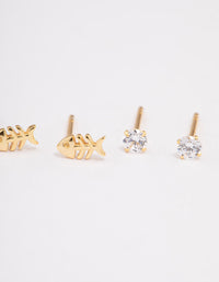 Gold Plated Sterling Silver Diamante & Fish Stud Earring Pack - link has visual effect only