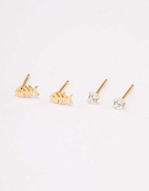 Gold Plated Sterling Silver Diamante & Fish Stud Earring Pack