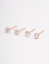 Rose Gold Plated Sterling Silver Diamante & Flower Stud Earring Pack - link has visual effect only