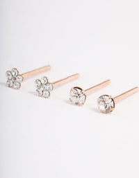 Rose Gold Plated Sterling Silver Diamante & Flower Stud Earring Pack - link has visual effect only