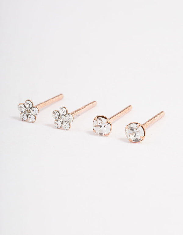 Rose Gold Plated Sterling Silver Diamante & Flower Stud Earring Pack