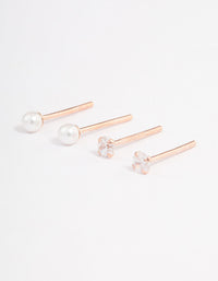 Rose Gold Plated Sterling Silver Pearl & Diamante Stud Earring Pack - link has visual effect only