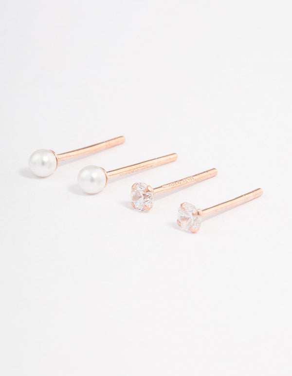 Rose Gold Plated Sterling Silver Pearl & Diamante Stud Earring Pack