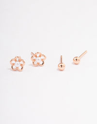 Rose Gold Plated Sterling Silver Pearl & Flower Stud Earring Pack - link has visual effect only