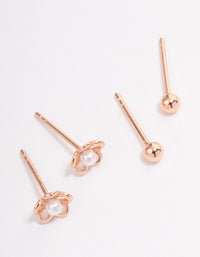 Rose Gold Plated Sterling Silver Pearl & Flower Stud Earring Pack - link has visual effect only