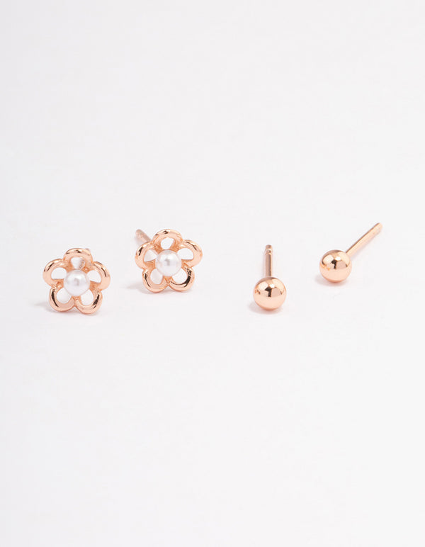 Rose Gold Plated Sterling Silver Pearl & Flower Stud Earring Pack