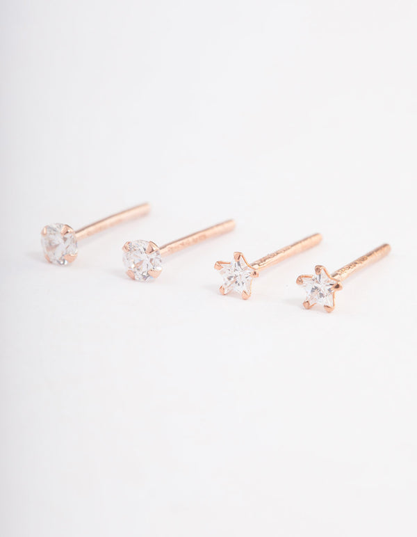 Rose Gold Plated Sterling Silver Diamante Star Stud Earring Pack