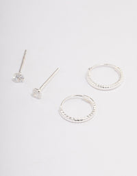 Sterling Silver Diamante & Textured Hoop Earring Pack - link has visual effect only