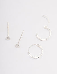 Sterling Silver Diamante & Textured Hoop Earring Pack - link has visual effect only