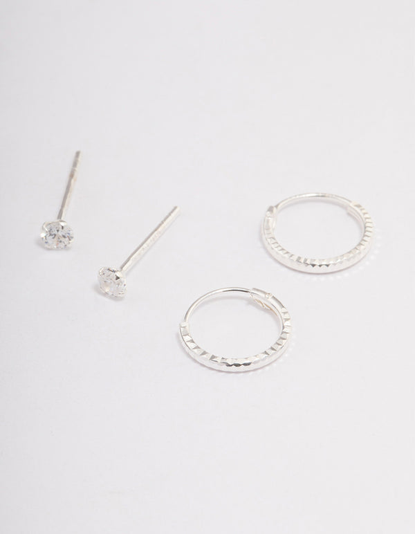 Sterling Silver Diamante & Textured Hoop Earring Pack