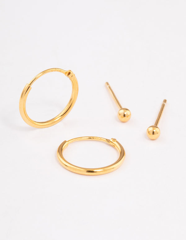 Gold Plated Sterling Silver Stud & Hoop Earring Pack 2mm