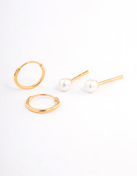 Gold Plated Sterling Silver Pearl Stud & Hoop Earring Pack - link has visual effect only