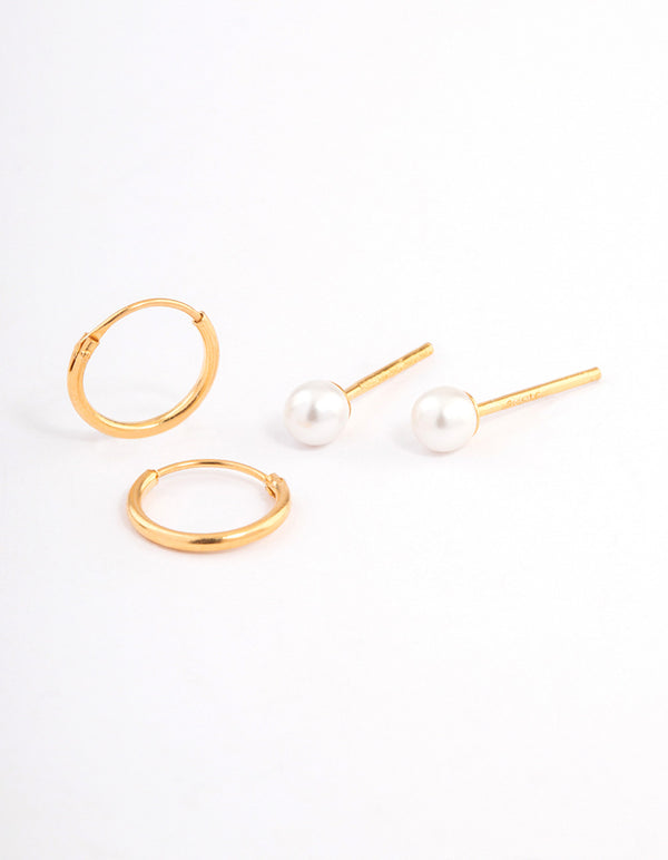 Gold Plated Sterling Silver Pearl Stud & Hoop Earring Pack