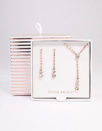Rose Gold Cupchain Diamante Y-Shape Necklace & Drop Earrings Jewellery Set - link has visual effect only