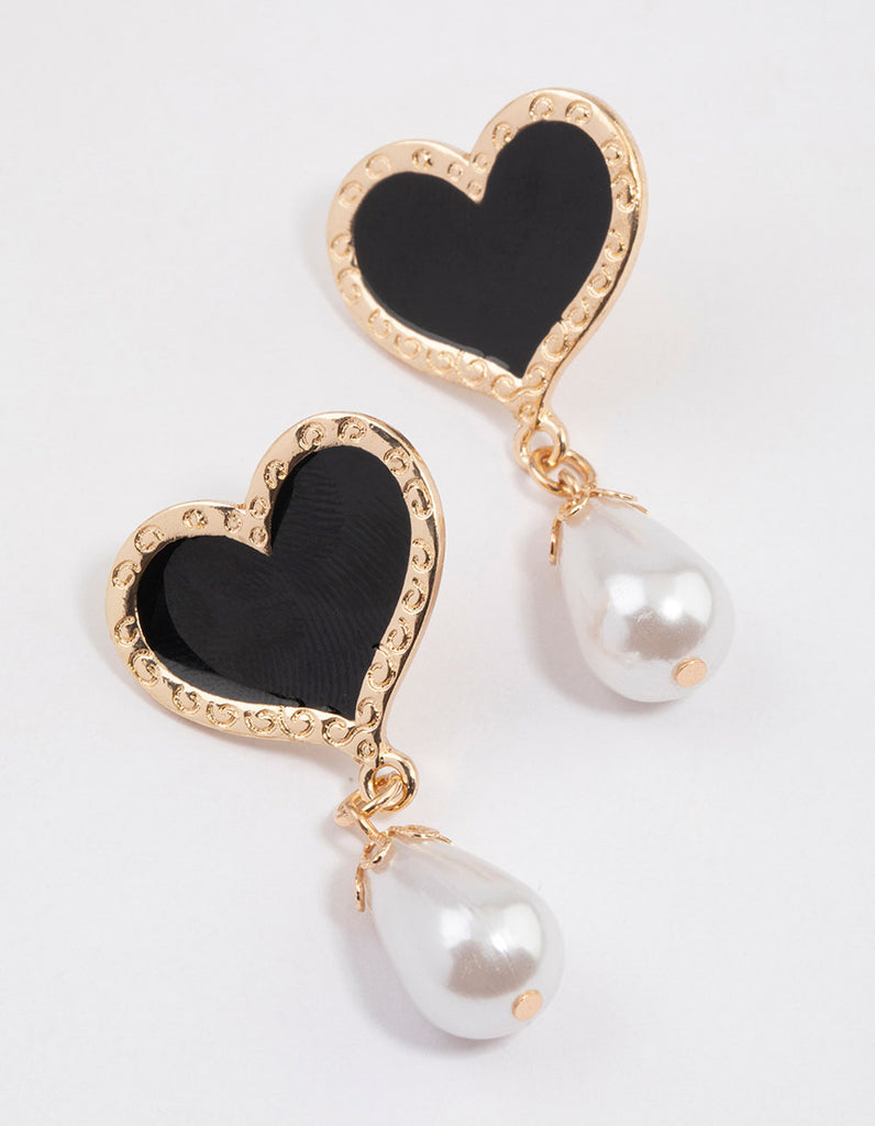 Gold Enamel Heart & Pearl Drop Earrings - Lovisa