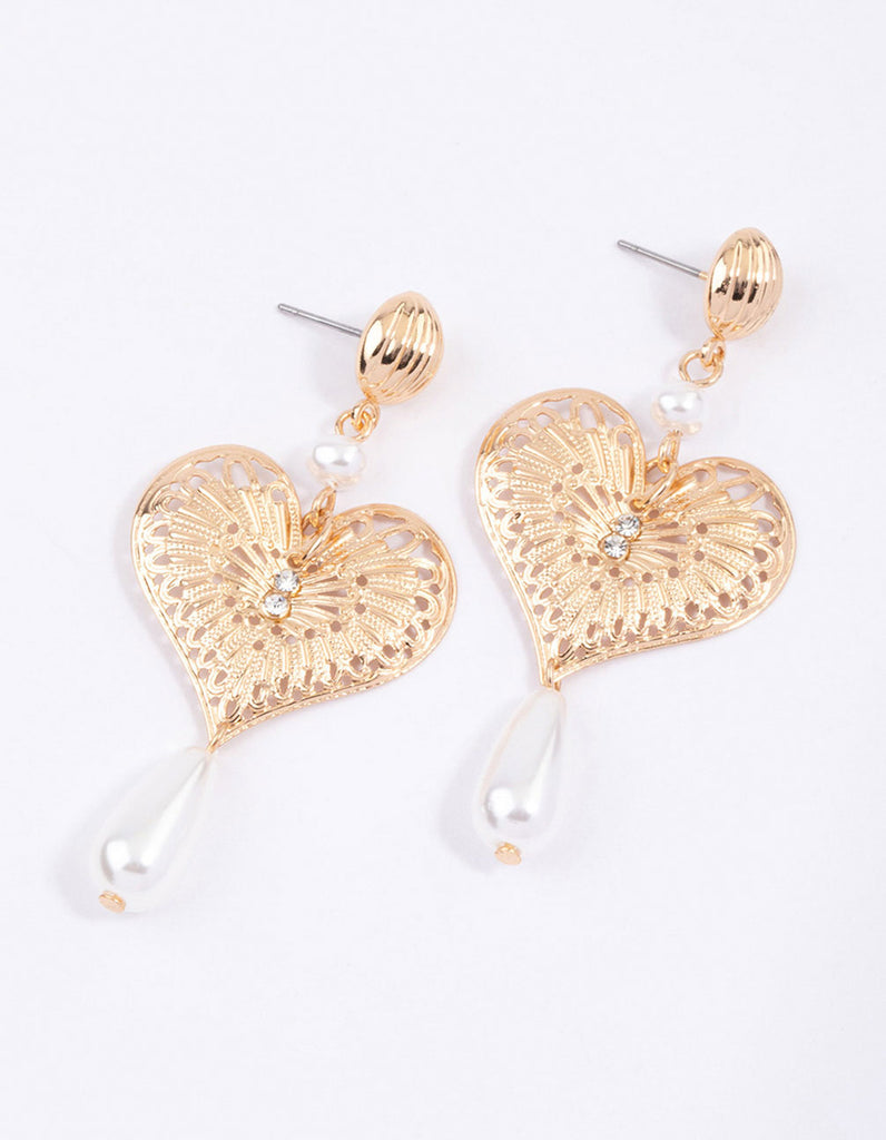 Gold Ornate Heart Pearl Drop Earrings - Lovisa