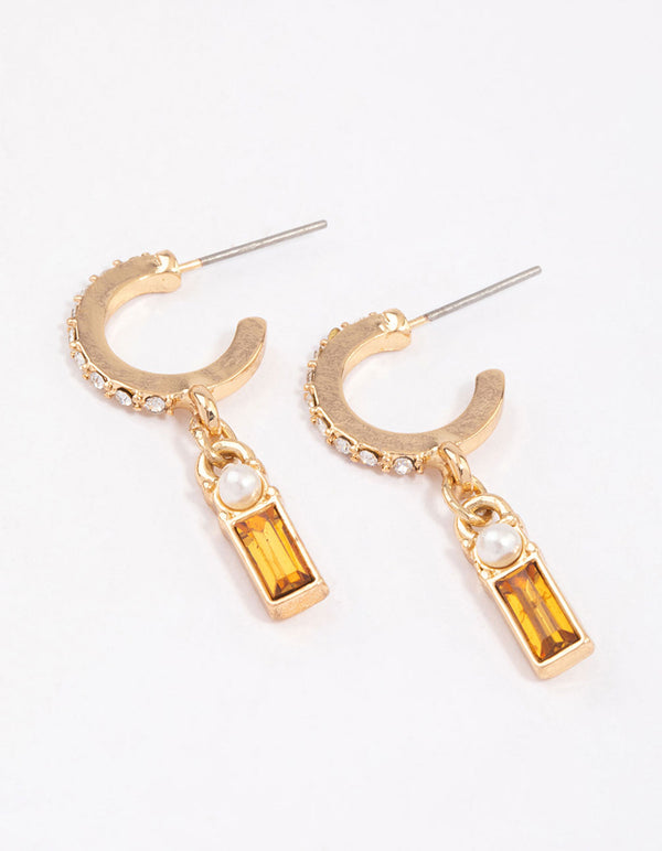 Gold Diamante Baguette Pearl Huggie Earrings