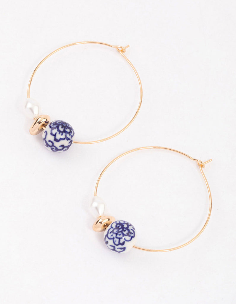 Blue Pearl & Ceramic Beaded Hoop Earrings - Lovisa