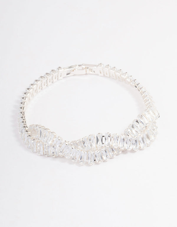 Silver Plated Cubic Zirconia Twisted Baguette Tennis Bracelet