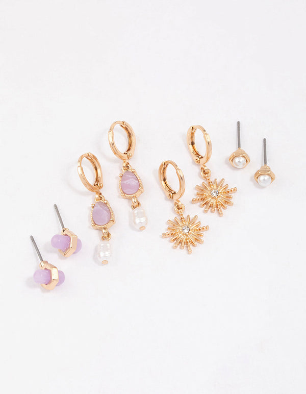 Gold Amethyst Celestial & Pearly Earrings 4-Pack - Lovisa